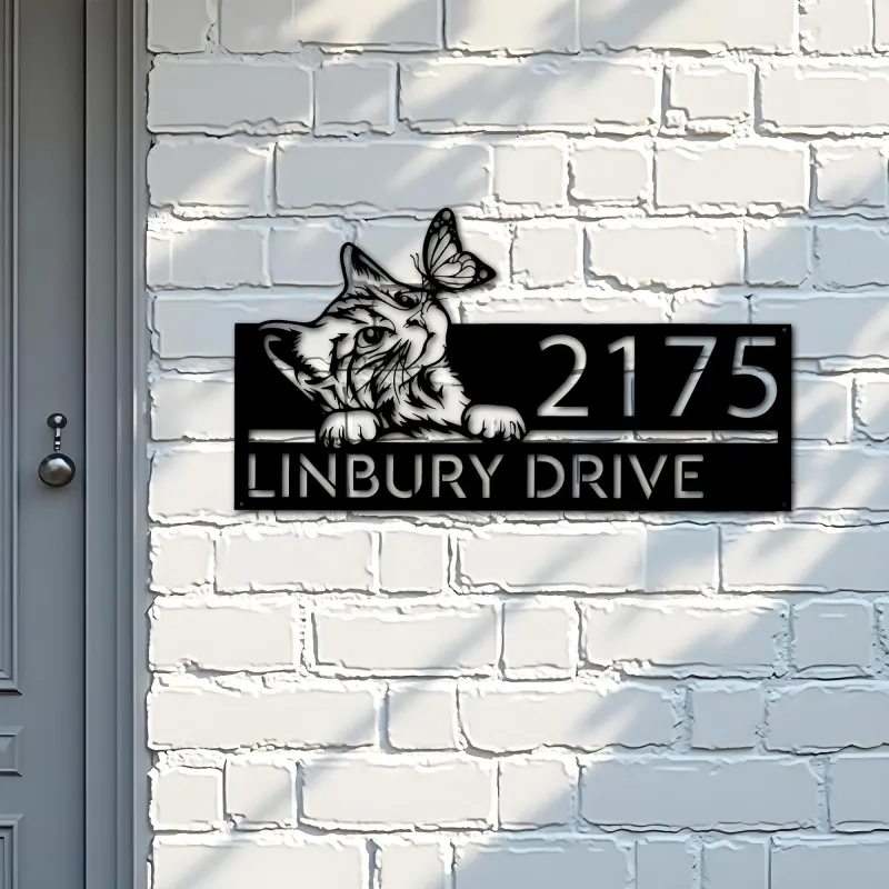 Custom Metal Cat Curious Kitten with butterfly Metal Address Sign, House number, Outdoor Number Signage, Yard Sign Address Plate