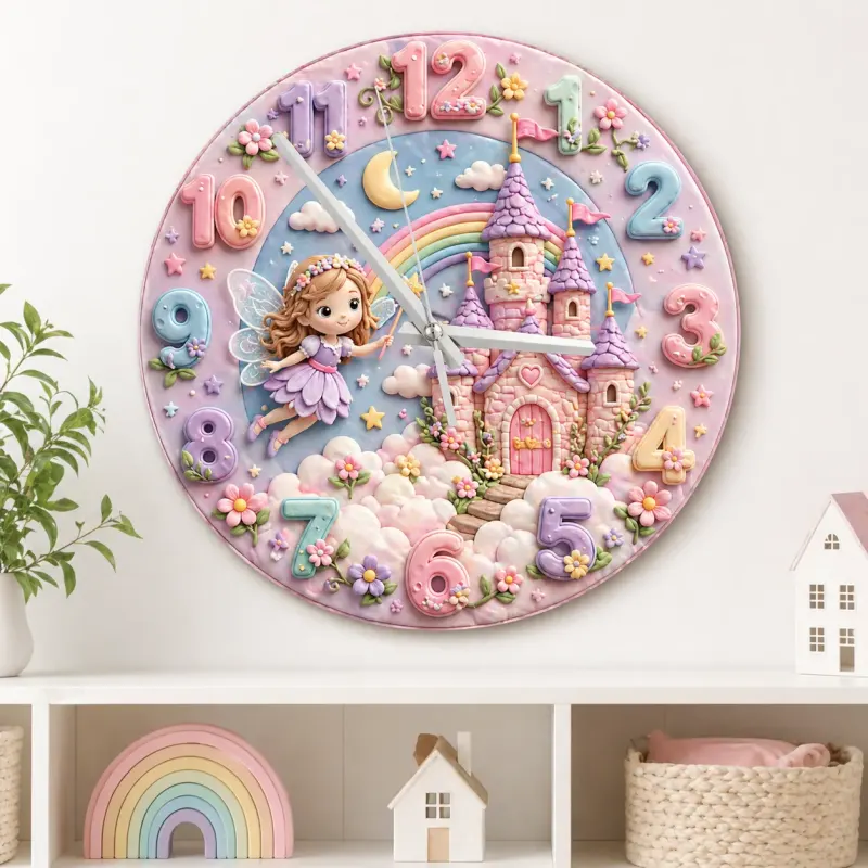 Fairy Castle and Rainbow Kids Room Wall Clock