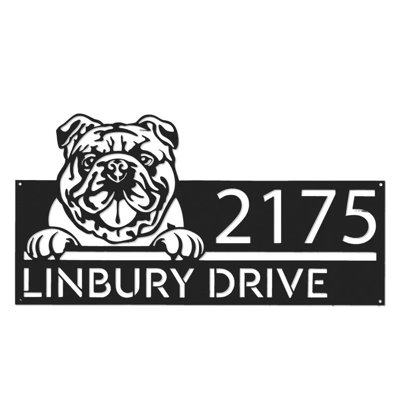 Custom Metal English Bulldog dog Puppy Metal Address Sign House number Hanging Address Plaque Yard Sign Outdoor decor