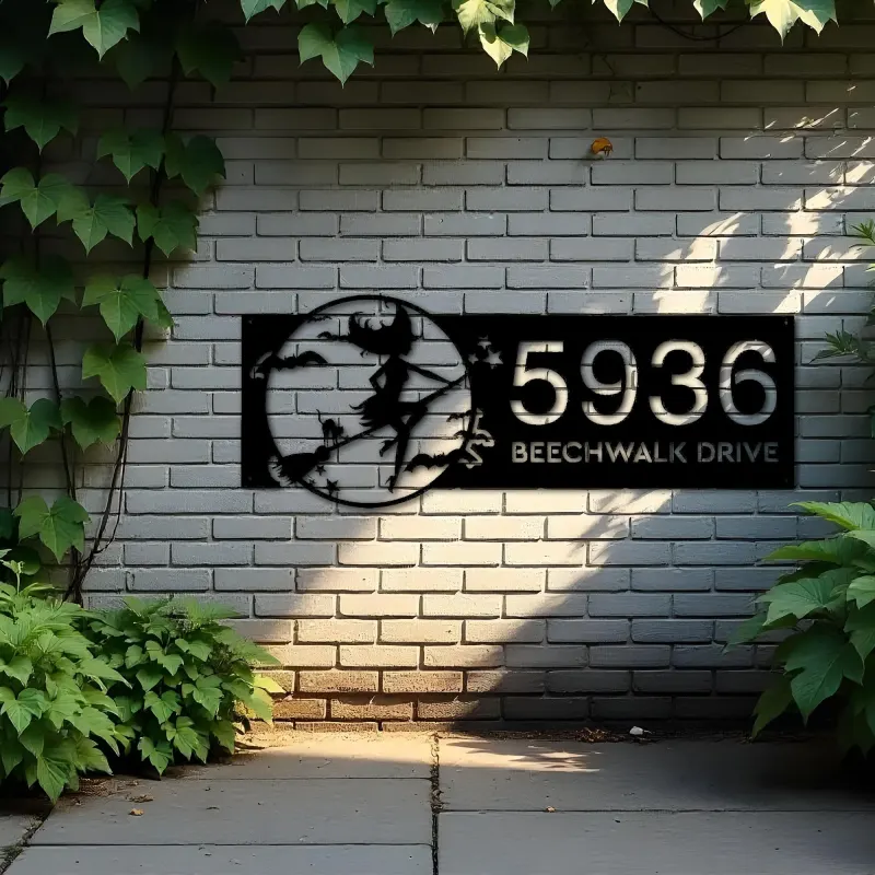 Custom Metal Witch and black cat flying halloween Metal Address Sign House number Hanging Address Plaque Yard Outdoor Sign