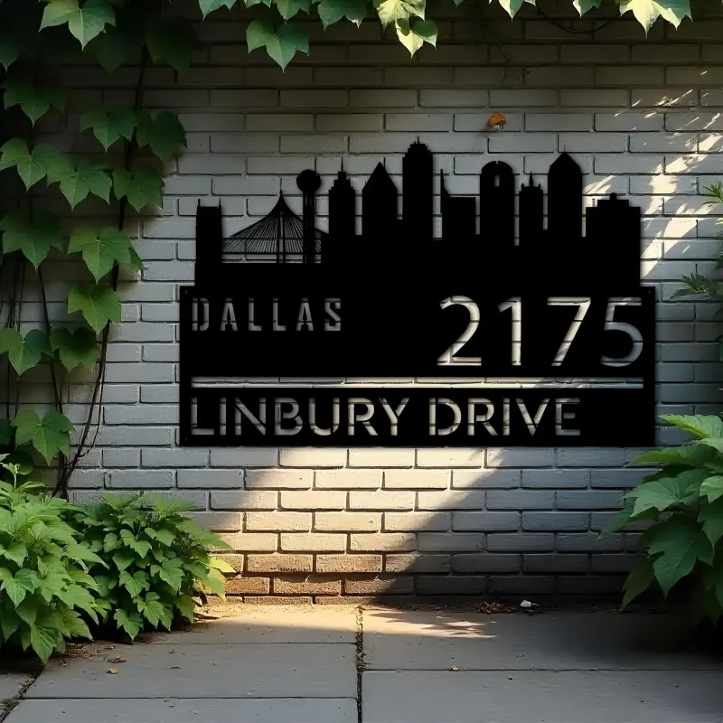Custom Metal Dallas city skyline Metal Address Sign Hanging Address Plaque house number Yard Outdoor Sign