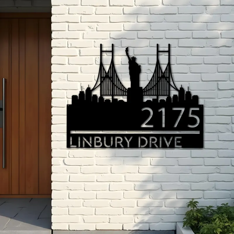 Custom Metal New York Statue of liberty city skyline Metal Address Sign Hanging Address Plaque house number Yard Outdoor Sign