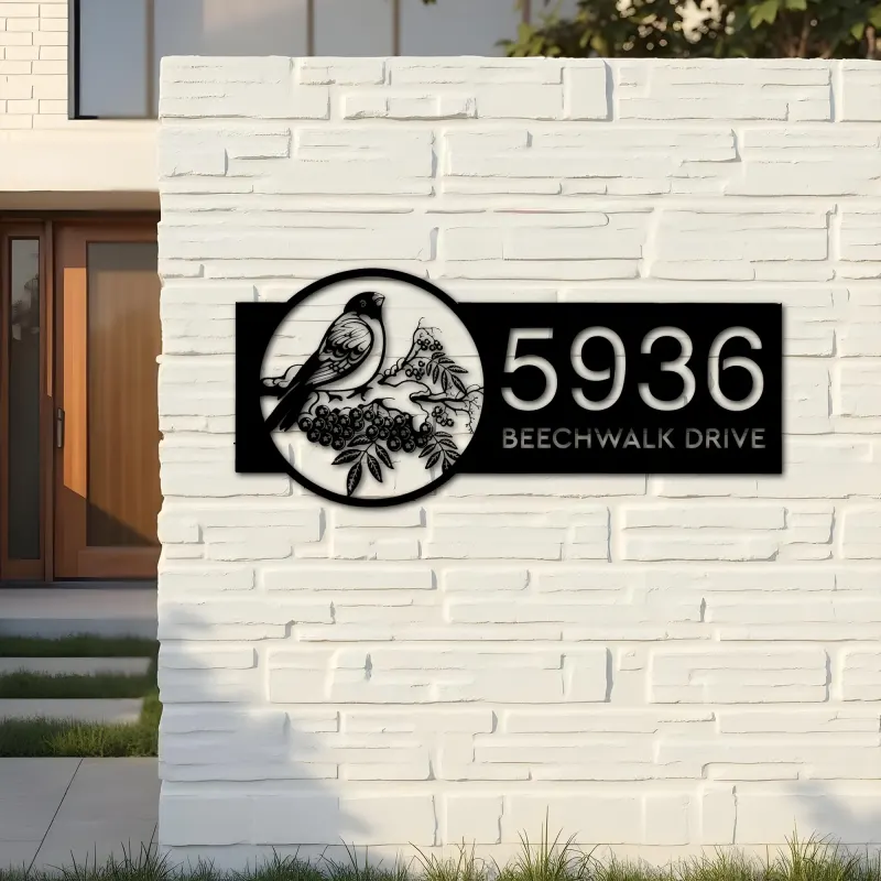 Custom Metal Bullfinch bird Metal Address Sign, House number, Outdoor Number Signage, Yard Sign Address Plate