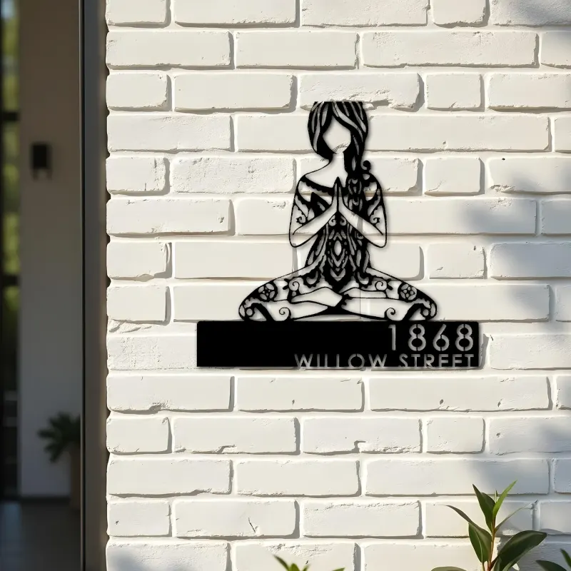 Custom Metal Yoga Girl in hippie style Metal Address Sign, House number, Outdoor Number Signage, Yard Sign Address Plate