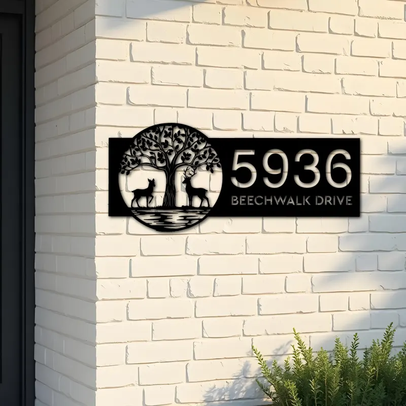 Custom Metal Leafy Tree and Couple Deer Metal Address Sign, House number, Outdoor Number Signage, Yard Sign Address Plate