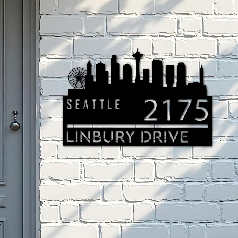 Custom Metal Seattle city skyline Metal Address Sign Hanging Address Plaque house number Yard Outdoor Sign