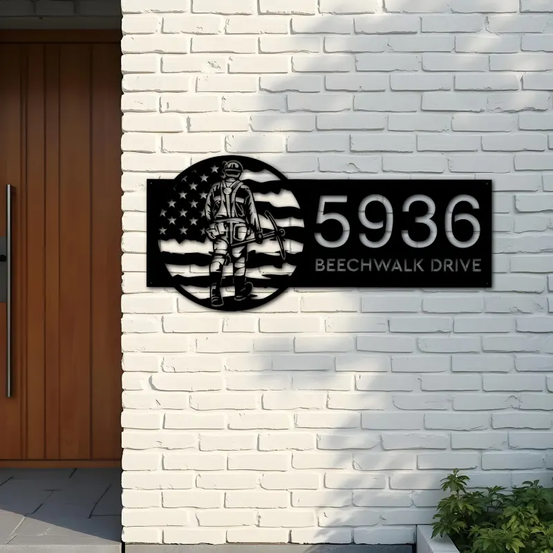 Custom Metal Coal miner on US flag Metal Address Sign, House number, Outdoor Number Signage, Yard Sign Address Plate