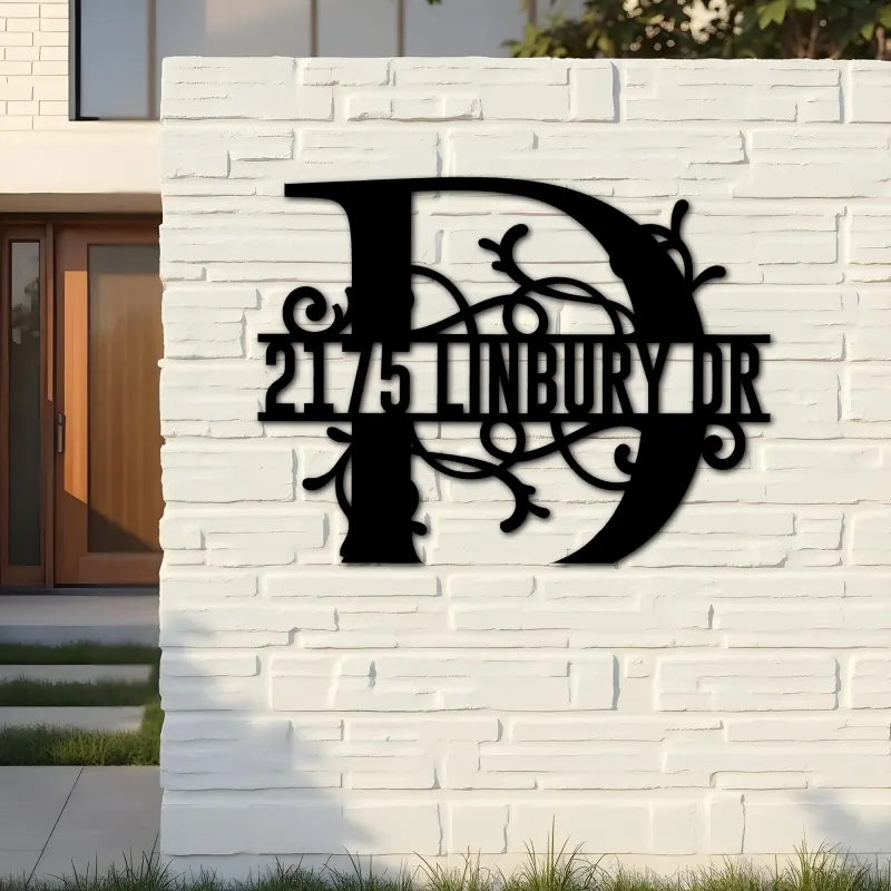 Custom Metal Floral Monogram Split Letter D Metal Address Sign House number Hanging Address Plaque Yard Sign Outdoor decor