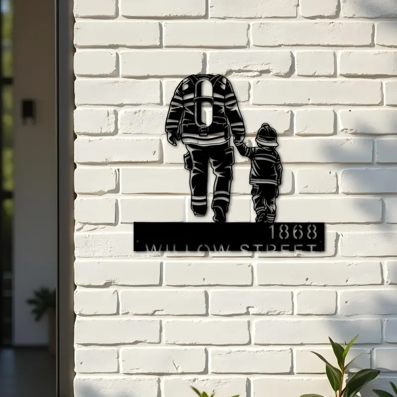Custom Metal Firefighter father and son Fireman Metal Address Sign, House number, Outdoor Number Signage, Yard Sign Address Plate