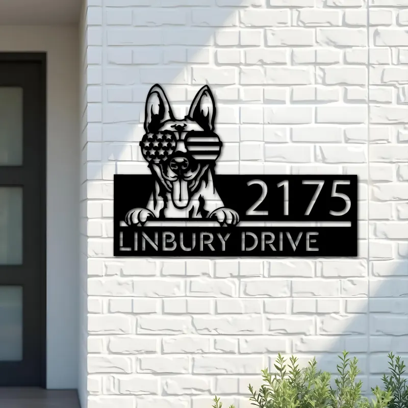 Custom Metal Belgian Malinois dog US glasses Metal Address Sign House number Hanging Address Plaque Yard Sign Outdoor decor
