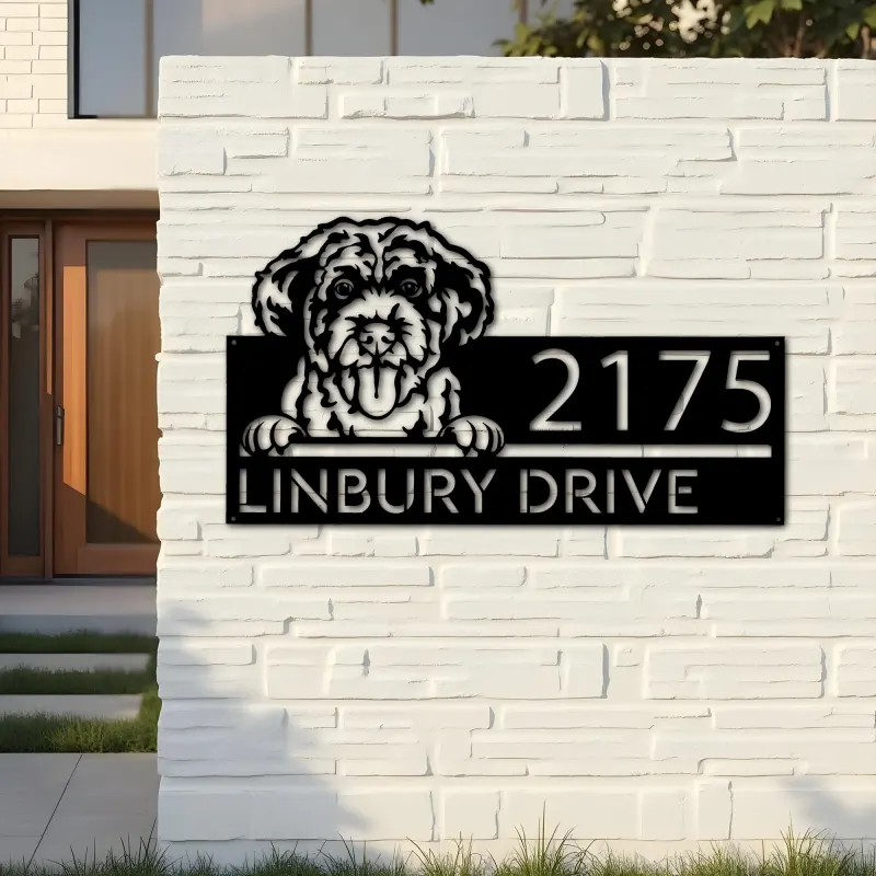 Custom Metal Portuguese Water Dog Cute puppy Metal Address Sign House number Hanging Address Plaque Yard Sign Outdoor decor