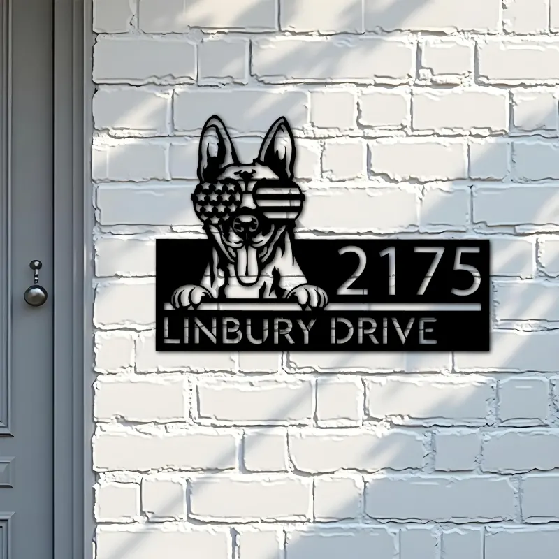 Custom Metal Belgian Malinois dog US glasses Metal Address Sign House number Hanging Address Plaque Yard Sign Outdoor decor