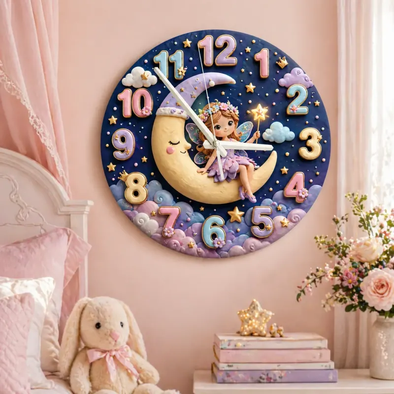 Magische Fee Mond Wanduhr für Kinderzimmer | Pastell Sternenhimmel Dekor, Verspieltes Geschenk für Mädchen (34,5 cm)
