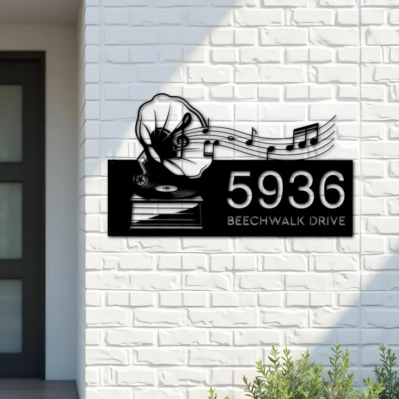 Custom Metal Gramophone retro record music Metal Address Sign Custom House number Hanging Address Plaque Yard Sign Outdoor