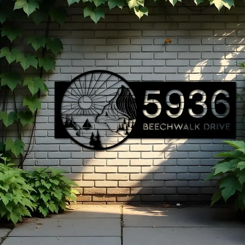 Custom Metal Sun mountain river scene Metal Address Sign, House number, Outdoor Number Signage, Yard Sign Address Plate
