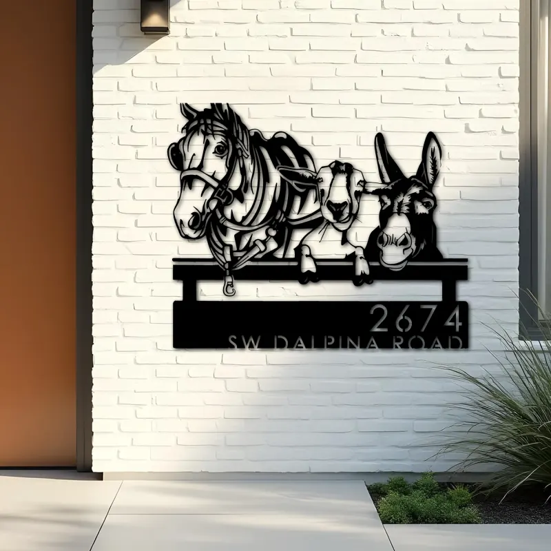 Custom Metal Horse Mule Goat farmhouse farm animals Metal Address Sign, House number, Outdoor Number Signage, Yard Sign Address Plate