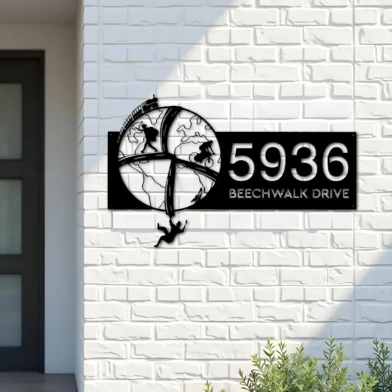 Custom Metal World traveling adventure Address Sign House number Hanging Address Plaque Yard Sign Outdoor Sign