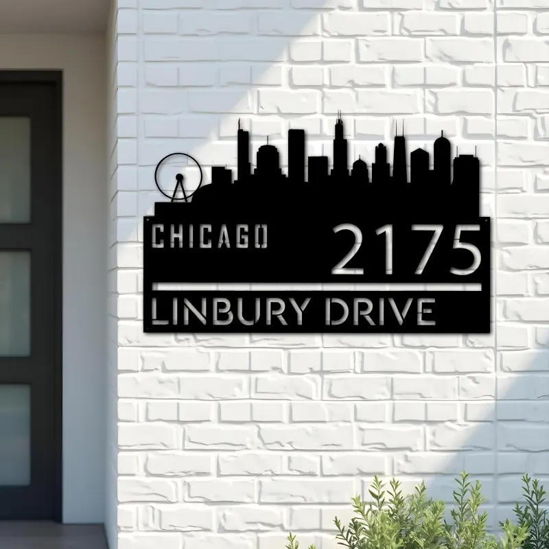 Custom Metal Chicago city skyline Metal Address Sign Hanging Address Plaque house number Yard Outdoor Sign