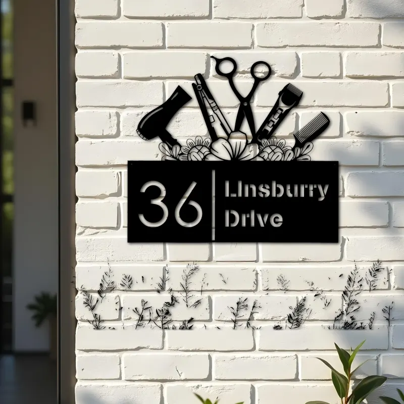 Custom Metal Hair Stylist Hair dresser salon Metal Address Sign, House number, Outdoor Number Signage, Yard Sign Address Plate