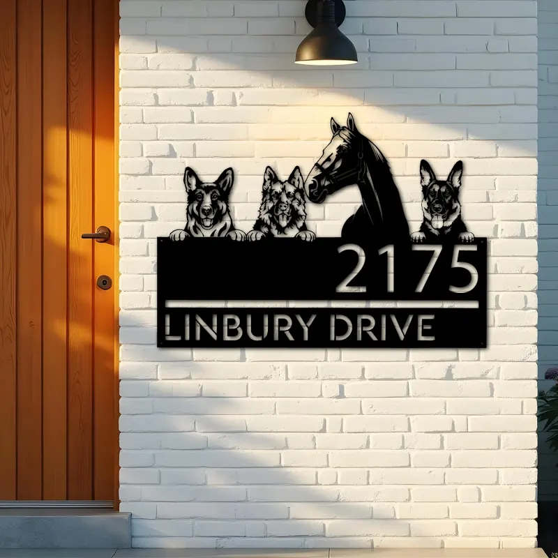 Custom Metal German shepherd Dogs and horse Metal Address Sign House number Hanging Address Plaque Yard Sign Outdoor decor