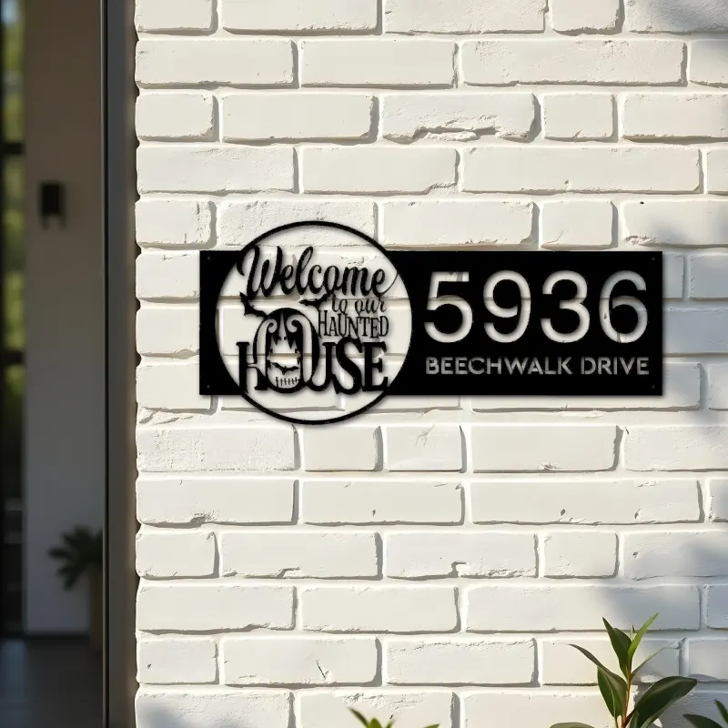 Custom Metal Welcome to our haunted house Halloween Metal Address Sign House number Hanging Address Plaque Yard Outdoor Sign