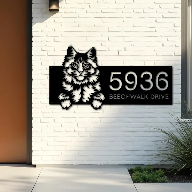 Custom Metal Main coon Cute peeking cat kitten Metal Address Sign, House number, Outdoor Number Signage, Yard Sign Address Plate