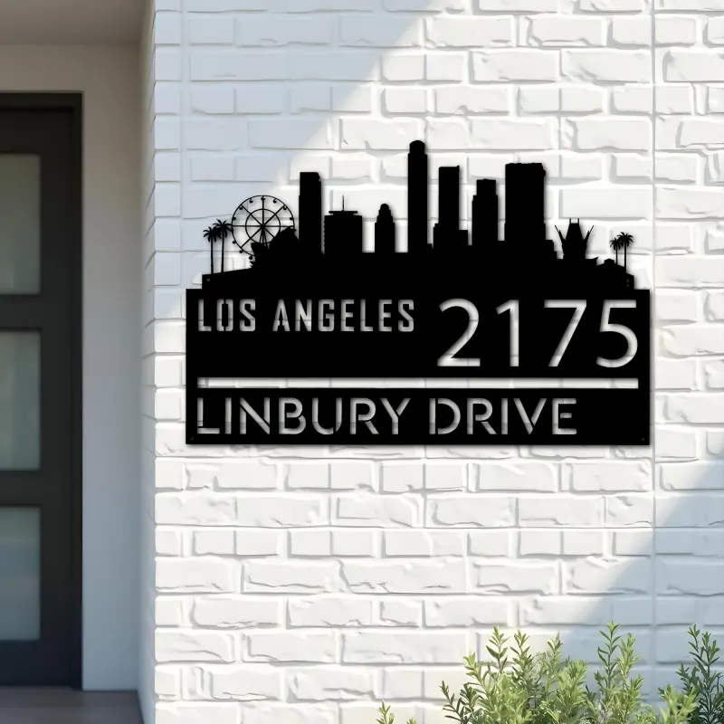 Custom Metal Los Angeles city skyline Metal Address Sign Hanging Address Plaque house number Yard Outdoor Sign