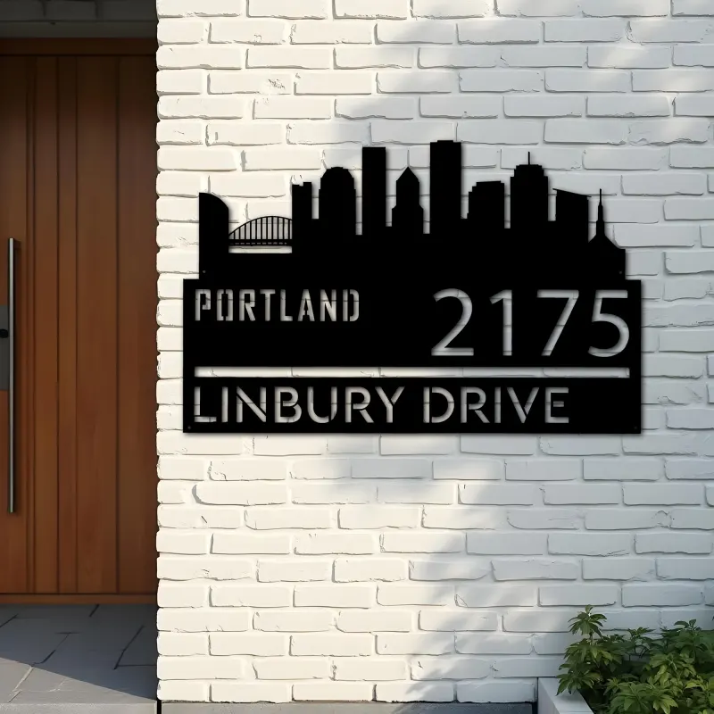 Custom Metal Portland city skyline Metal Address Sign Hanging Address Plaque house number Yard Outdoor Sign
