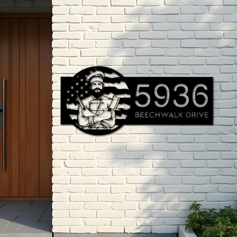 Custom Metal Chef cook cooking US flag Metal Address Sign, House number, Outdoor Number Signage, Yard Sign Address Plate