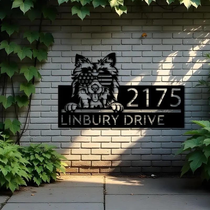 Custom Metal Shetland Sheepdog US flag glasses Metal Address Sign House number Hanging Address Plaque Yard Sign Outdoor decor