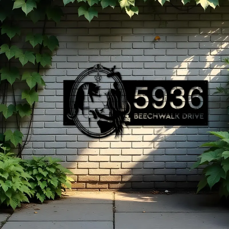 Custom Metal Witch and black cat Metal Address Sign House number Hanging Address Plaque Yard Outdoor Sign