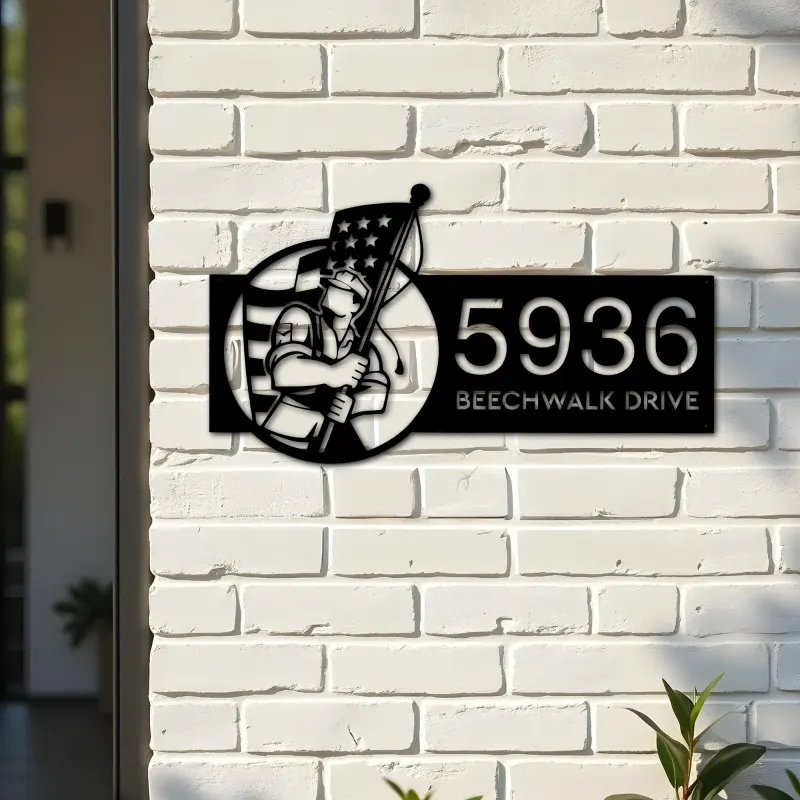 Custom Metal American soldier holding US flag Metal Address Sign, House number, Outdoor Number Signage, Yard Sign Address Plate