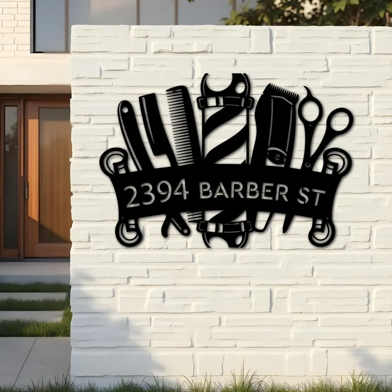 Custom Metal Barbershop Hair Stylist Barber Metal Address Sign, House number, Outdoor Number Signage, Yard Sign Address Plate