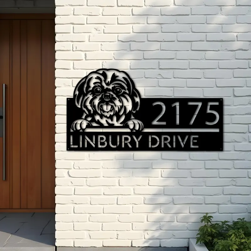 Custom Metal Shih Tzu Dog Cute puppy Metal Address Sign House number Hanging Address Plaque Yard Sign Outdoor decor