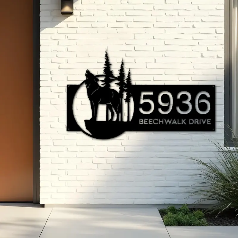Custom Metal Wolf wild life mountain forest Metal Address Sign, House number, Outdoor Number Signage, Yard Sign Address Plate