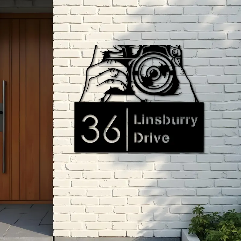 Custom Metal Hands holding camera photography Metal Address Sign, House number, Outdoor Number Signage, Yard Sign Address Plate