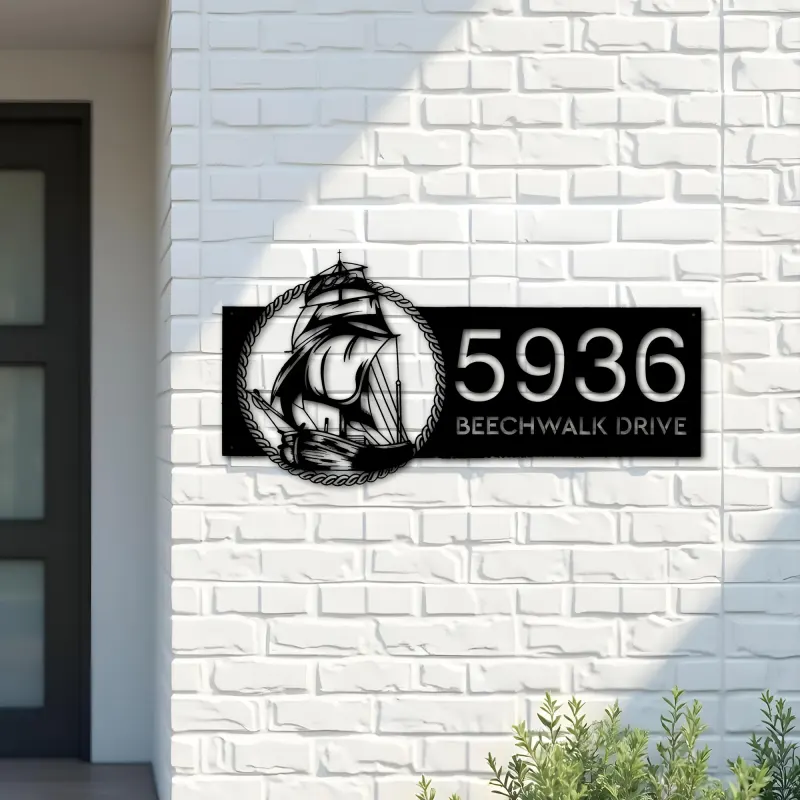 Custom Metal Ship with rope sea adventure Metal Address Sign, House number, Outdoor Number Signage, Yard Sign Address Plate