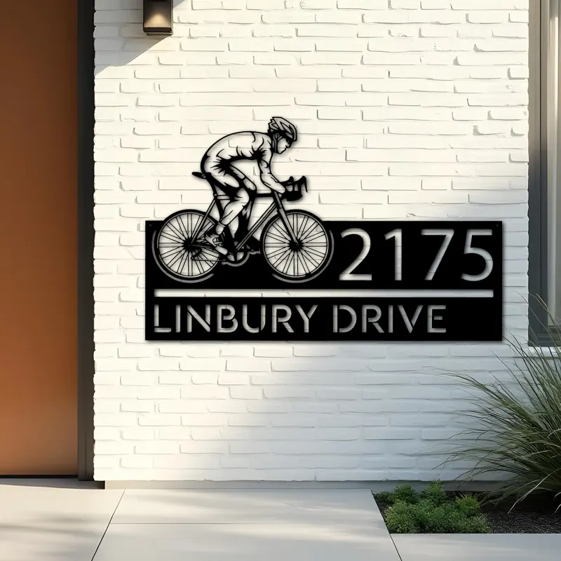 Custom Metal Cyclist biker Metal Address Sign, House number, Outdoor Number Signage, Yard Sign Address Plate