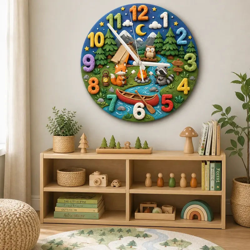 Woodland Camping Adventure Kids Room Wall Clock
