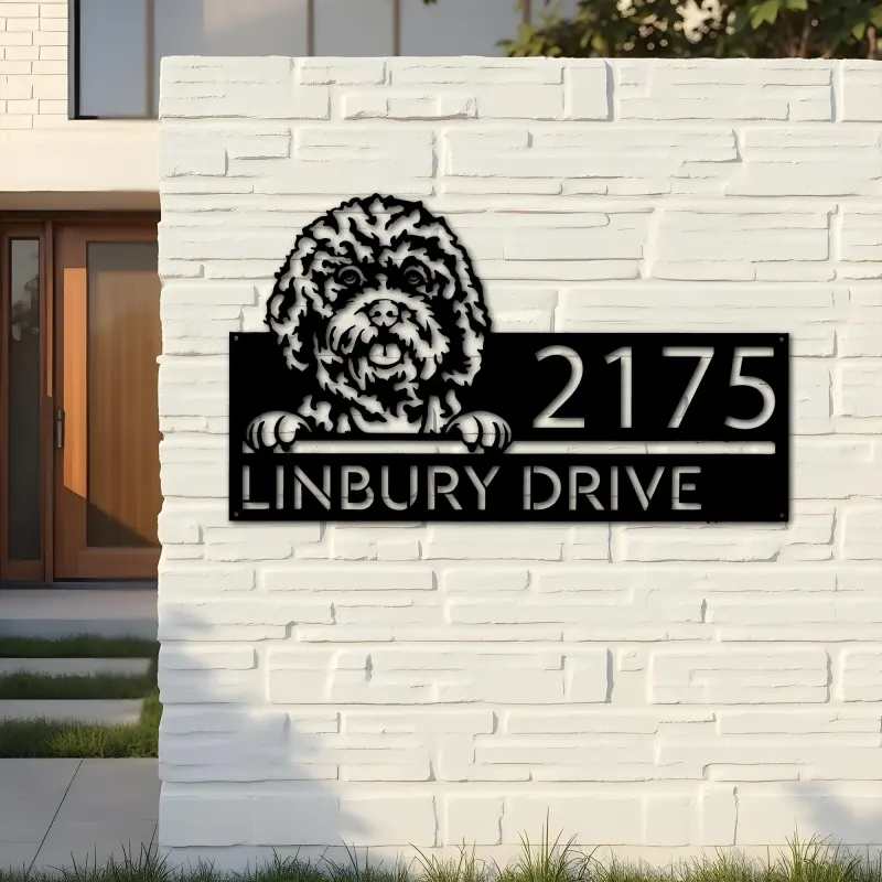 Custom Metal Cavapoo dog Cute Puppy Metal Address Sign House number Hanging Address Plaque Yard Sign Outdoor decor