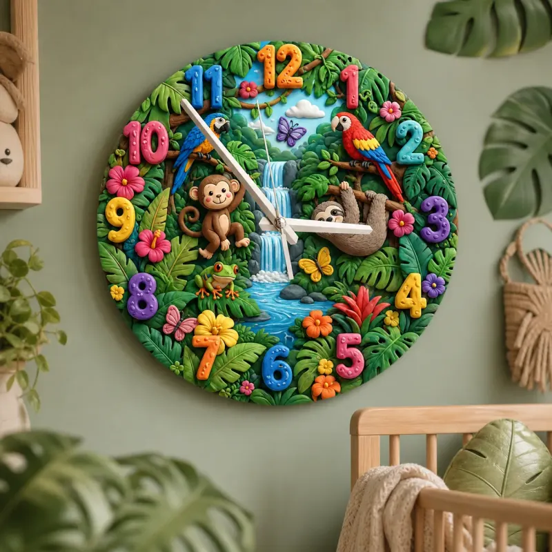 Tropischer Dschungel Safari Holz Wanduhr für Kinderzimmer | Regenwald Tier Dekoration, Geschenk zur Babyparty für Jungen oder Mädchen (34,5 cm)