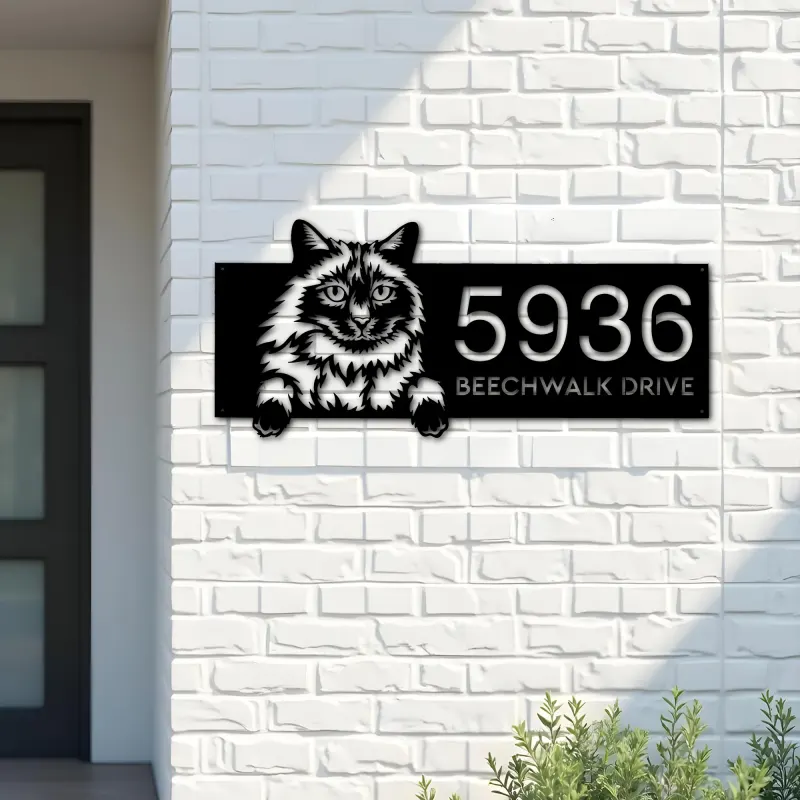 Custom Metal Balinese Cute peeking cat kitten Metal Address Sign, House number, Outdoor Number Signage, Yard Sign Address Plate