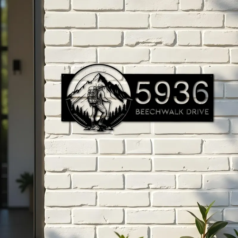 Custom Metal Hiker Camping mountain climbing Metal Address Sign, House number, Outdoor Number Signage, Yard Sign Address Plate