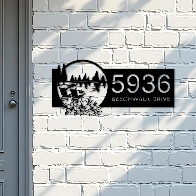 Custom Metal Lake scene adirondack chair Metal Address Sign House number Hanging Address Plaque Yard Sign Outdoor
