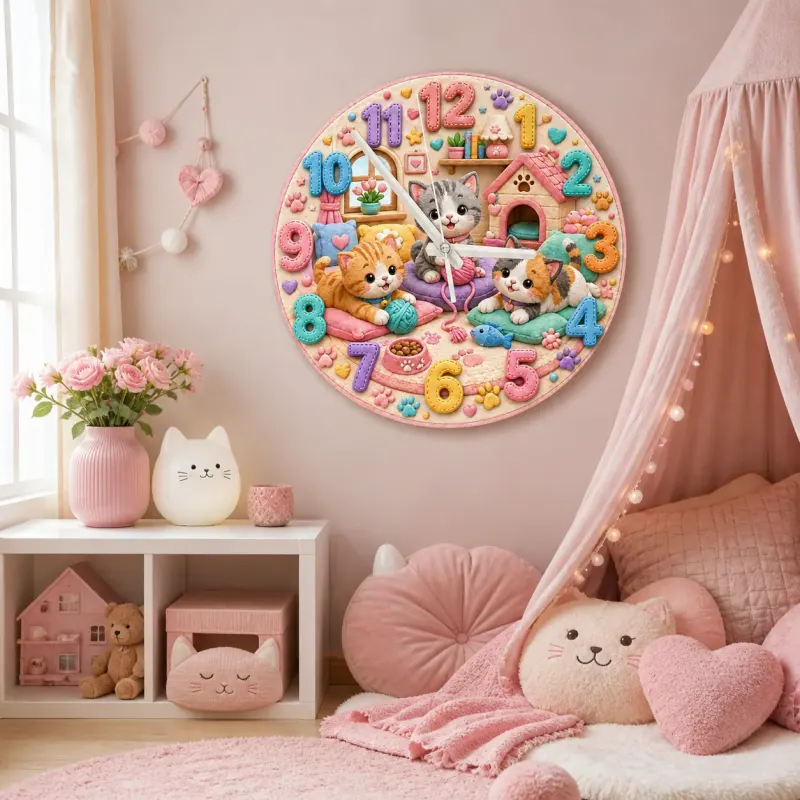 Playful Pastel Kittens Kids Room Wall Clock