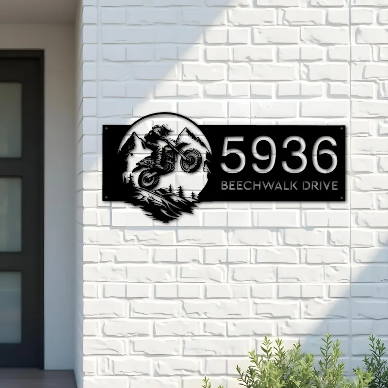 Custom Metal Motocross rider Mountain bike climbing Metal Address Sign, House number, Outdoor Number Signage, Yard Sign Address Plate