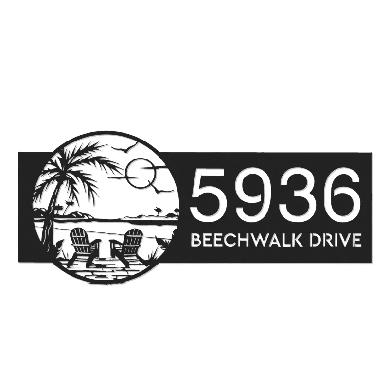 Custom Metal Palm Tree Chairs on Beach Sunset Metal Address Sign Custom House number Hanging Address Plaque Yard Sign Outdoor
