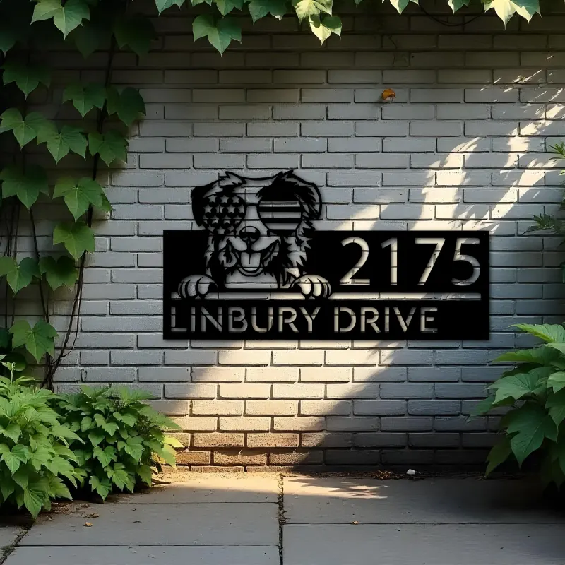 Custom Metal Australian Shepherd dog US glasses Metal Address Sign House number Hanging Address Plaque Yard Sign Outdoor decor