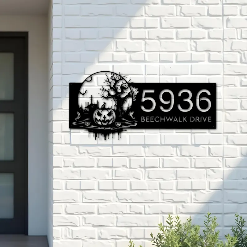 Custom Metal Haunted scene halloween pumpkin Metal Address Sign Custom House number Hanging Address Plaque Yard Outdoor Sign