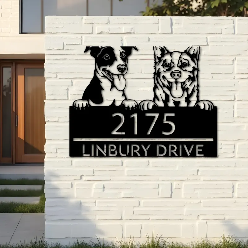 Custom Metal Red heeler and Jack russel terrier Metal Address Sign, House number, Outdoor Number Signage, Yard Sign Address Plate